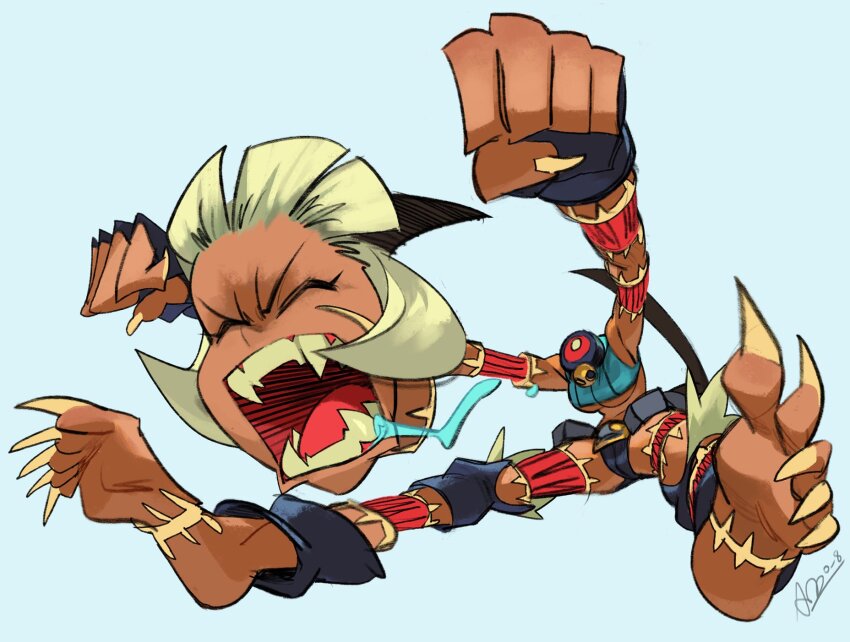 1girl alex_ahad barefoot blue_bag cat_tail closed_eyes collar crop_top dark-skinned_female dark_skin detached_leggings drooling fangs fingerless_gloves gloves let&#039;s_fucking_go_(meme) meme ms._fortune_(skullgirls) neck_bell open_mouth outstretched_arms outstretched_legs scar skullgirls solo tail