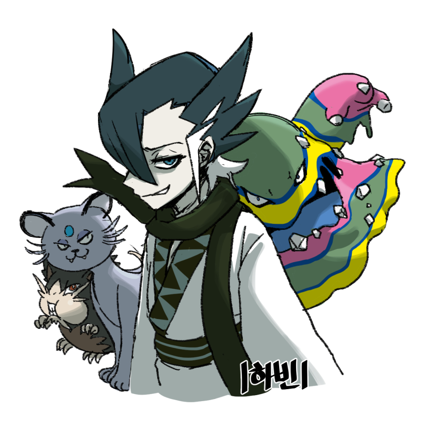 1boy alolan_form alolan_muk alolan_persian alolan_raticate animal_ears black_hair black_scarf blue_eyes cat_ears fangs forehead_jewel gen_7_pokemon gigobyte350 grimsley_(pokemon) highres japanese_clothes kimono male_focus nintendo pale_skin pokemon pokemon_(creature) pokemon_sm scarf simple_background white_background white_kimono
