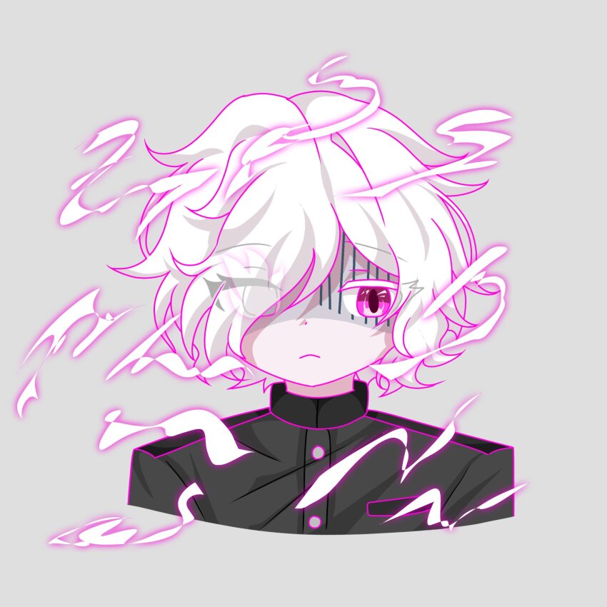1boy closed_mouth fire frown grey_background hair_over_one_eye highres looking_at_viewer male_focus messy_hair pink_eyes pink_fire shion_(hundred_line) solo solo_focus the_hundred_line_-last_defense_academy- upper_body white_hair