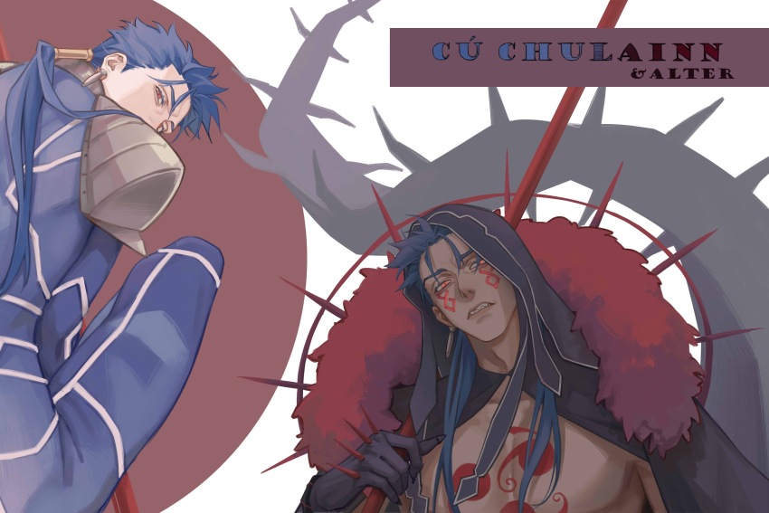 2boys absurdres armor blue_hair bodysuit cu_chulainn_(fate) cu_chulainn_(fate/stay_night) cu_chulainn_alter_(fate) dual_persona earrings facepaint fate/grand_order fate_(series) fixmeplz gae_bolg_(fate) highres holding holding_polearm holding_weapon hood jewelry long_hair looking_at_viewer looking_back male_focus multiple_boys pauldrons polearm ponytail red_eyes shoulder_armor spear spikes tattoo weapon white_background