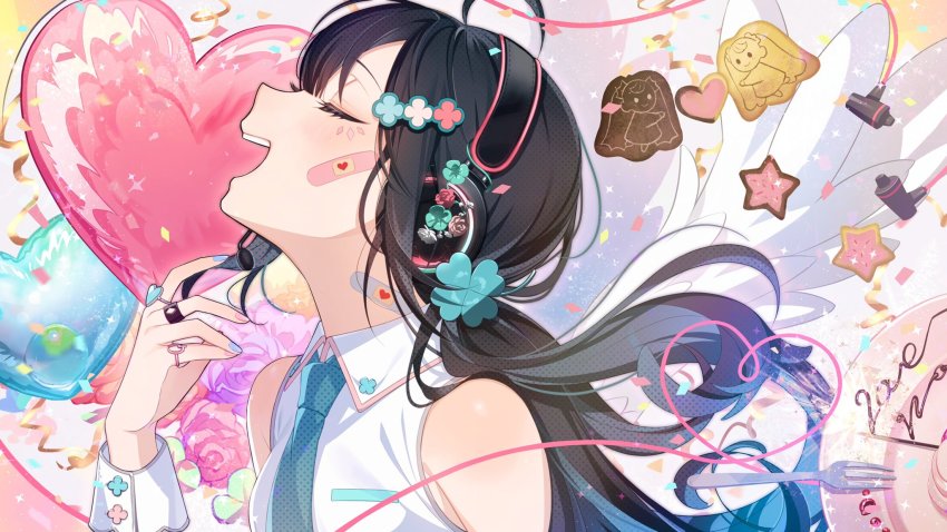1girl ahoge ai_kotoba_ii_(vocaloid) ai_kotoba_iii_(vocaloid) ai_kotoba_iv_(vocaloid) android_girl_(vocaloid) angel_and_devil aqua_necktie balloon bandaid bandaid_on_cheek bandaid_on_face bandaid_on_neck black_hair blue_flower blue_nails brown_cookie character_cookie chocolate_syrup closed_eyes clover commentary cookie cosplay diamond_(shape) facial_mark feathered_wings flower food food_writing fork four-leaf_clover from_side gradient_hair hair_between_eyes hair_ornament hassan_(sink916) hatsune_miku hatsune_miku_(cosplay) heart heart-shaped_cookie heart-shaped_food heart_balloon heart_hair_ornament heart_of_string highres jewelry light_blush mousou_kanshou_daishou_renmei_(vocaloid) multicolored_hair multicolored_nails multiple_rings nail_polish necktie number_tattoo ojama_mushi_ii_(vocaloid) open_mouth orange_flower orange_rose pink_bandaid pink_flower pink_rose plate pocky portrait power_symbol profile purple_flower purple_hair purple_nails purple_rose ring rose salamander_(vocaloid) sayu_(snowman_and_mayu) sleeveless solo songover sprinkles star-shaped_cookie star-shaped_food star_(symbol) tattoo vampire_(vocaloid) vocaloid white_wings wings