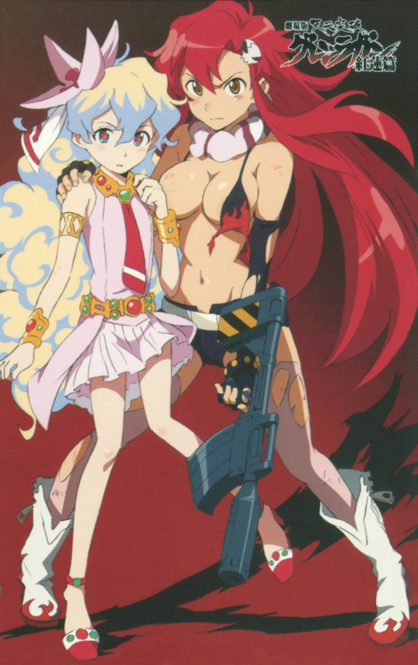 +_+ 00s 2girls absurdres bikini boots breasts bruise censored censored_nipples convenient_censoring cross-shaped_pupils dress fingerless_gloves flower gloves gun hair_down hair_ornament high_heels highres holding injury jewelry large_breasts long_hair multicolored_hair multiple_girls nia_teppelin official_art pink_dress pink_skirt red_hair scarf shinagawa_hiroki shoes skirt symbol-shaped_pupils tengen_toppa_gurren_lagann tengen_toppa_gurren_lagann:_gurren-hen thighhighs torn_bikini torn_clothes torn_legwear weapon yellow_eyes yoko_littner