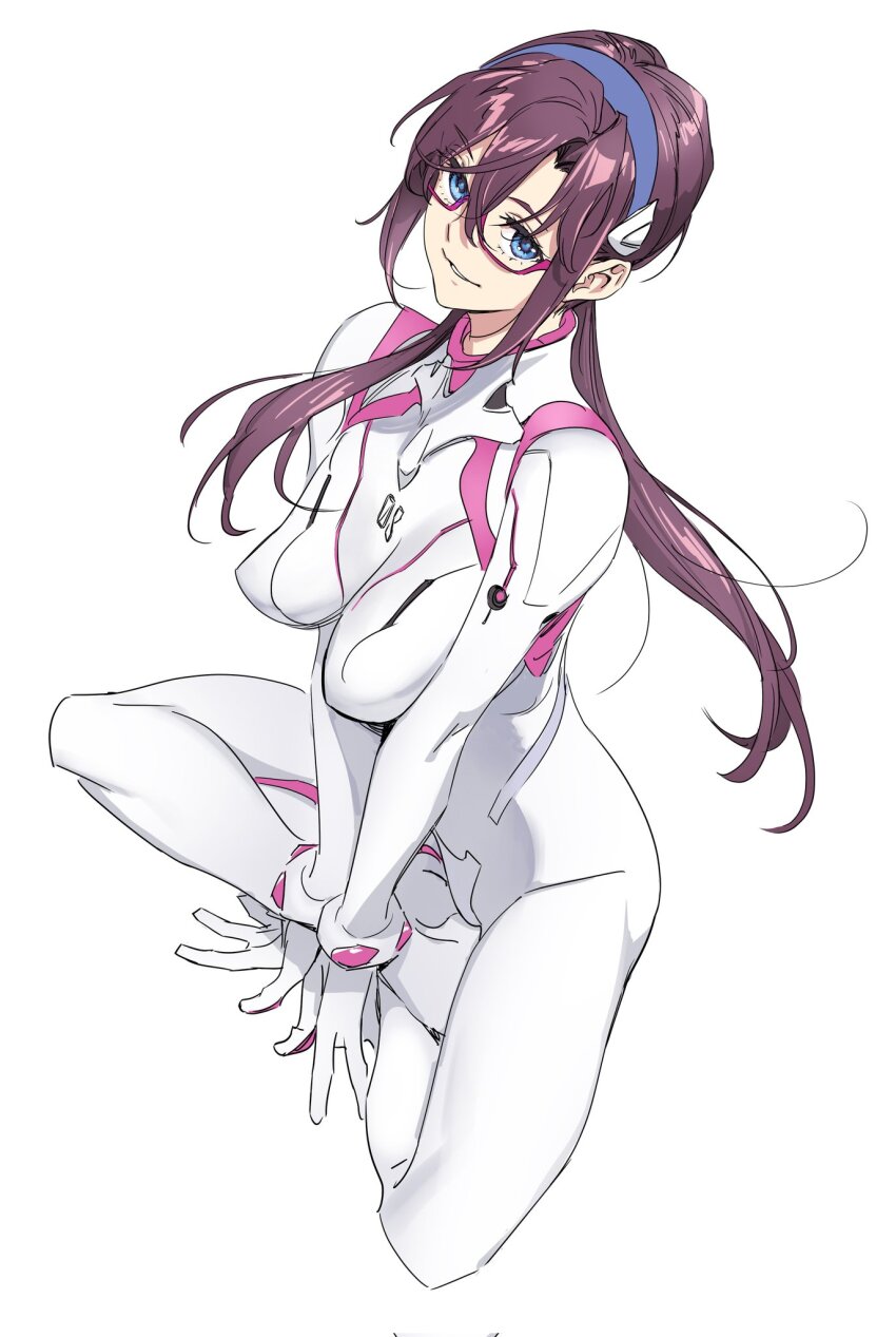 1girl blue_eyes bodysuit breasts brown_hair commentary_request corrupted_twitter_file evangelion:_3.0+1.0_thrice_upon_a_time full_body glasses hairband highres indian_style interface_headset_(evangelion) long_hair looking_at_viewer makinami_mari_illustrious mecha_pilot_suit medium_breasts neon_genesis_evangelion nishieda official_alternate_costume plugsuit_(evangelion) rebuild_of_evangelion red-framed_eyewear sitting smile solo twintails white_background white_bodysuit