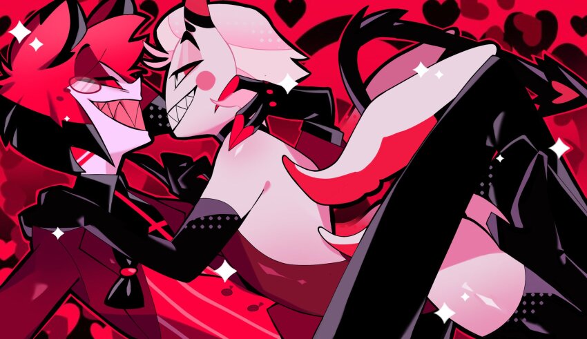 2boys alastor_(hazbin_hotel) animal_ears arm_around_neck backless_leotard backless_outfit bare_shoulders between_legs black_choker black_gloves black_hair black_shirt blonde_hair boots choker circle_facial_mark collared_shirt colored_sclera commentary deer_boy deer_ears demon_boy demon_tail elbow_gloves elnikochoro english_commentary eye_contact facial_mark gloves grabbing_another&#039;s_chin grin hand_on_another&#039;s_chin hand_on_another&#039;s_shoulder hazbin_hotel heart heart_background highres horns jacket leotard looking_at_another lucifer_morningstar_(hazbin_hotel) male_focus monocle multicolored_wings multiple_boys multiple_wings outline pants pink_teeth red_background red_eyes red_hair red_horns red_jacket red_leotard red_outline red_pants red_sclera red_theme red_vest red_wings sharp_teeth shirt short_hair simple_background smile sparkle tail teeth thigh_boots valentine vest white_eyes white_wings wings yaoi