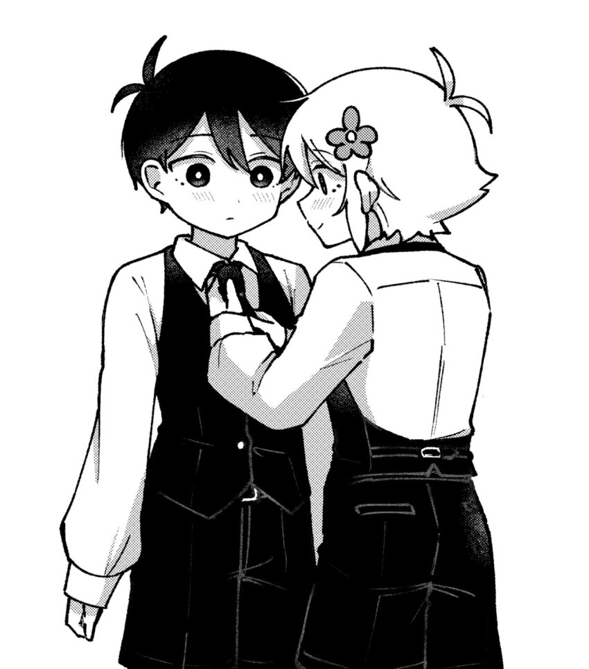 2boys adjusting_another&#039;s_clothes alternate_costume antenna_hair basil_(faraway)_(omori) basil_(omori) blush bright_pupils closed_mouth collared_shirt flower greyscale hair_flower hair_ornament highres kiimorisame long_sleeves looking_at_another male_focus monochrome multiple_boys necktie omori shirt short_hair shorts simple_background smile sunny_(omori)