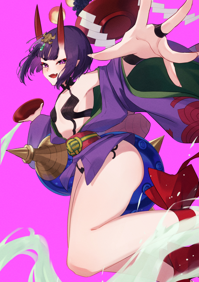 1girl absurdres bare_shoulders blush breasts bridal_gauntlets collarbone cup eyeliner fate/grand_order fate_(series) food fruit gourd grapes headpiece highres horns izanaware_game japanese_clothes kimono long_sleeves looking_at_viewer makeup oni open_mouth outstretched_arm peach pink_background pointy_ears purple_eyes purple_hair purple_kimono revealing_clothes sakazuki short_hair shuten_douji_(fate) skin-covered_horns small_breasts smile solo thighs wide_sleeves