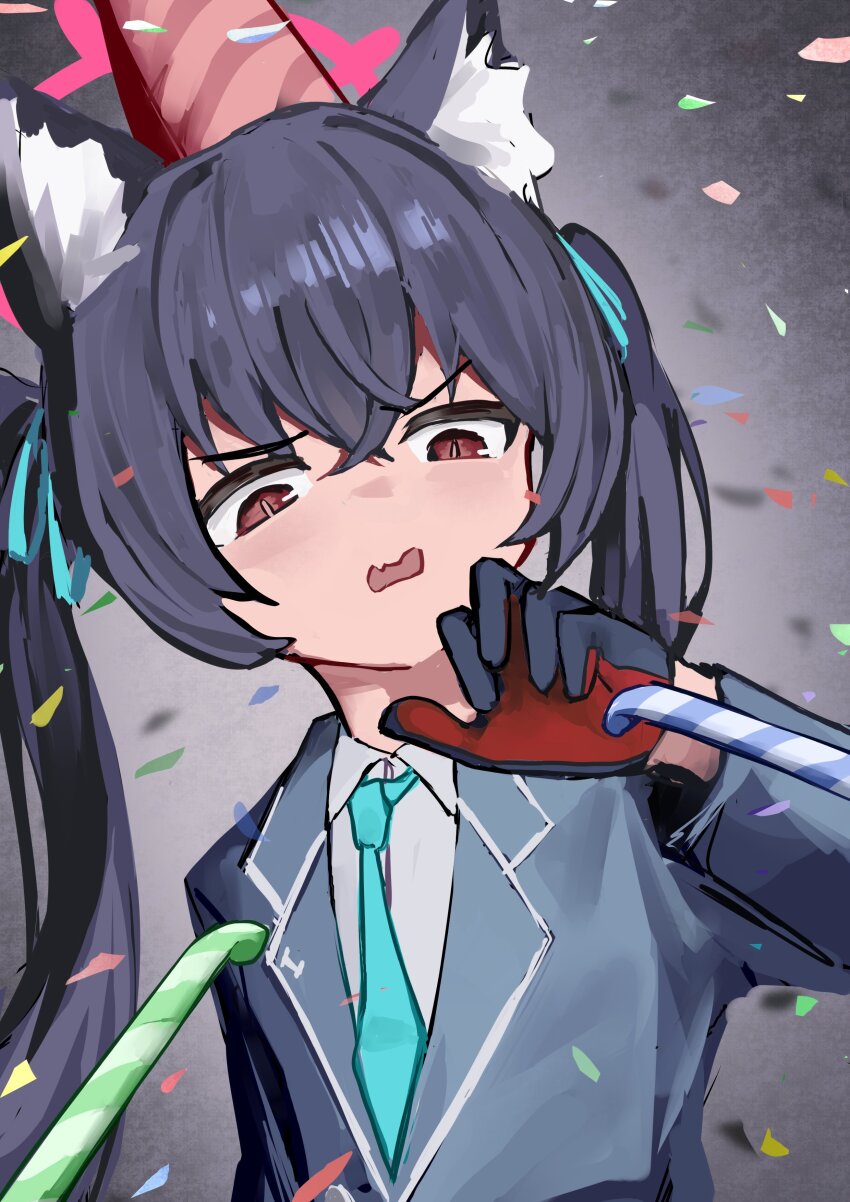 1girl absurdres animal_ear_fluff animal_ears black_gloves black_hair black_jacket blazer blue_archive blue_necktie blue_ribbon cat_ears gloves hair_ribbon halo hat highres jacket long_hair necktie open_mouth party_hat red_eyes red_halo remise ribbon serika_(blue_archive) shirt solo streamers twintails upper_body white_shirt