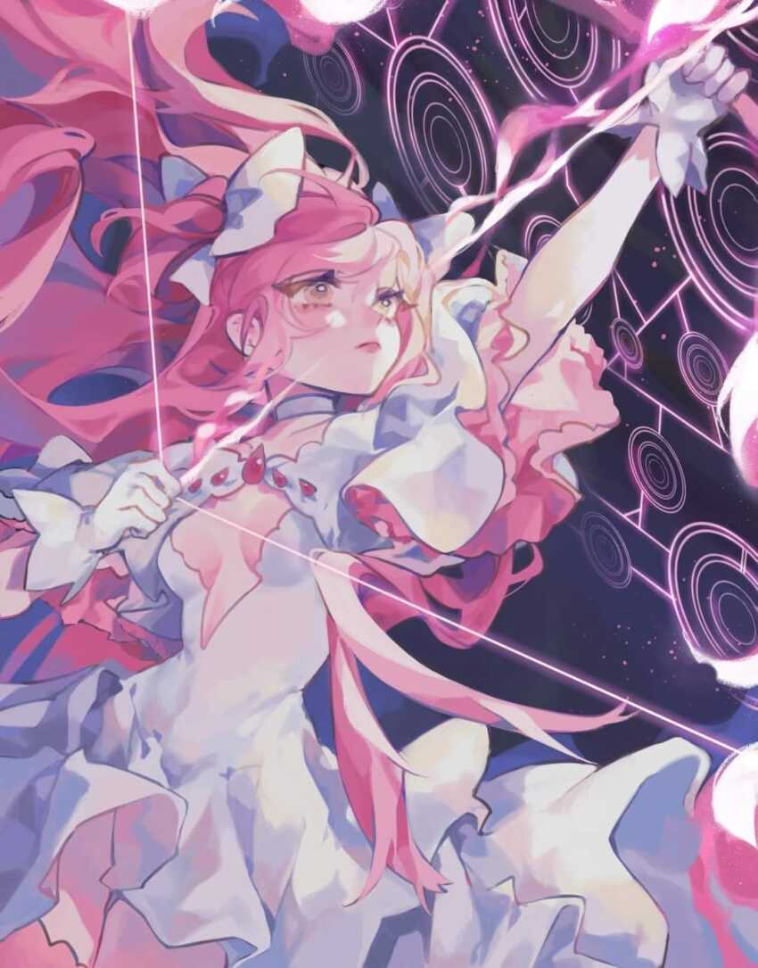 1girl bow bow_(weapon) cleavage_cutout clothing_cutout commentary_request drawing_bow dress gloves hair_bow highres holding holding_bow_(weapon) holding_weapon kaname_madoka long_hair looking_ahead mahou_shoujo_madoka_magica mahou_shoujo_madoka_magica_(anime) miihanatochan pink_hair solo space star_(sky) two_side_up ultimate_madoka very_long_hair vietnamese_commentary weapon white_bow white_dress white_gloves
