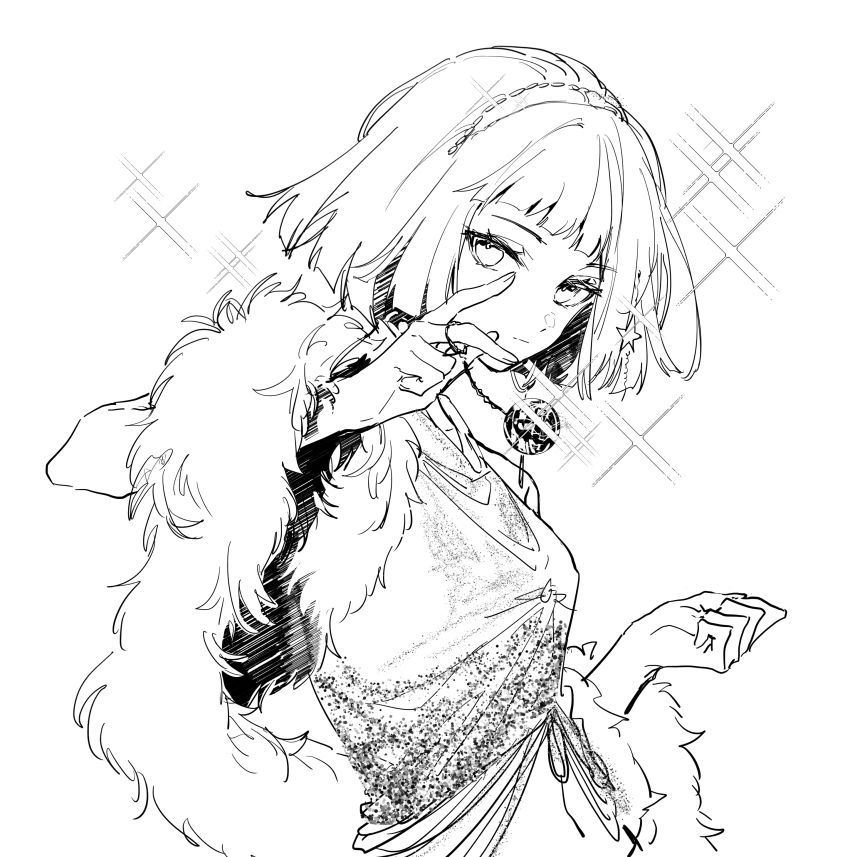 1girl absurdres blunt_bangs blunt_ends bob_cut closed_mouth disco_ball feather_boa greyscale hair_ornament hand_up highres holding holding_pendulum looking_at_viewer mercuria_(reverse:1999) midriff monochrome navel pendulum reverse:1999 short_hair solo sparkle star_(symbol) star_hair_ornament tank_top upper_body walluka white_background