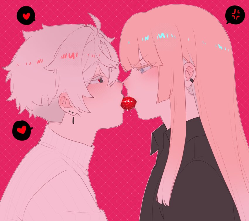 2boys ami_(kai_(drakkai10)) black_shirt blue_eyes collared_shirt food from_side fruit hasto_(kai_(drakkai10)) heart highres kai_(drakkai10) long_hair multiple_boys original pink_background pink_hair red_eyes shirt short_hair speech_bubble spoken_heart strawberry white_hair white_shirt yaoi