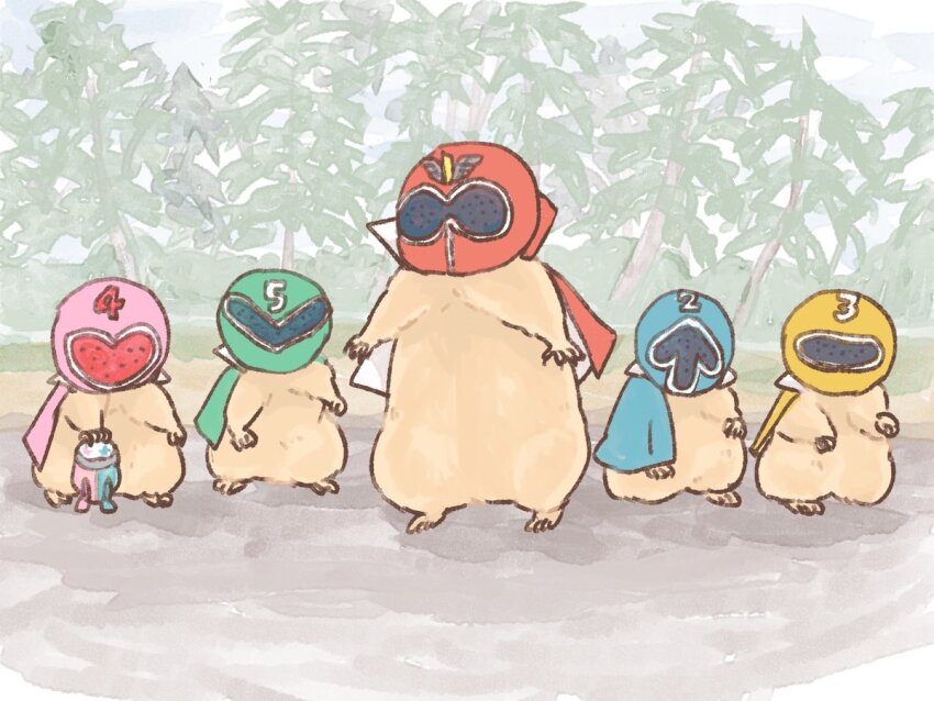 aka_ranger aka_ranger_(cosplay) animal_focus ao_ranger ao_ranger_(cosplay) blue_cape blue_helmet body_fur brown_fur cape cosplay green_cape green_helmet group_picture helmet himitsu_sentai_gorenger ki_ranger ki_ranger_(cosplay) mido_ranger mido_ranger_(cosplay) momo_ranger momo_ranger_(cosplay) outdoors pink_cape pink_helmet prairie_dog py0wwk red_cape red_helmet standing super_sentai yellow_cape yellow_helmet