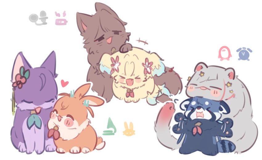 &gt;_&lt; :&lt; :3 :d :p ^_^ absurdres afterimage animal animal_focus animalization aqua_neckerchief cat cerise_bouquet character_logo chin_rest closed_eyes closed_mouth commentary_request d: diagonal_bangs dog dollchestra dx flower fujishima_megumi hair_flower hair_ornament head_on_head head_rest headpat highres hinoshita_kaho iirin link!_like!_love_live! love_live! mira-cra_park! motion_lines multicolored_hair murano_sayaka neckerchief no_humans open_mouth osawa_rurino otomune_kozue pink_flower rabbit red_flower red_hair red_neckerchief red_panda smile speed_lines star_(symbol) star_hair_ornament streaked_hair tassel tassel_hair_ornament thai_commentary tongue tongue_out u_u virtual_youtuber xd yugiri_tsuzuri