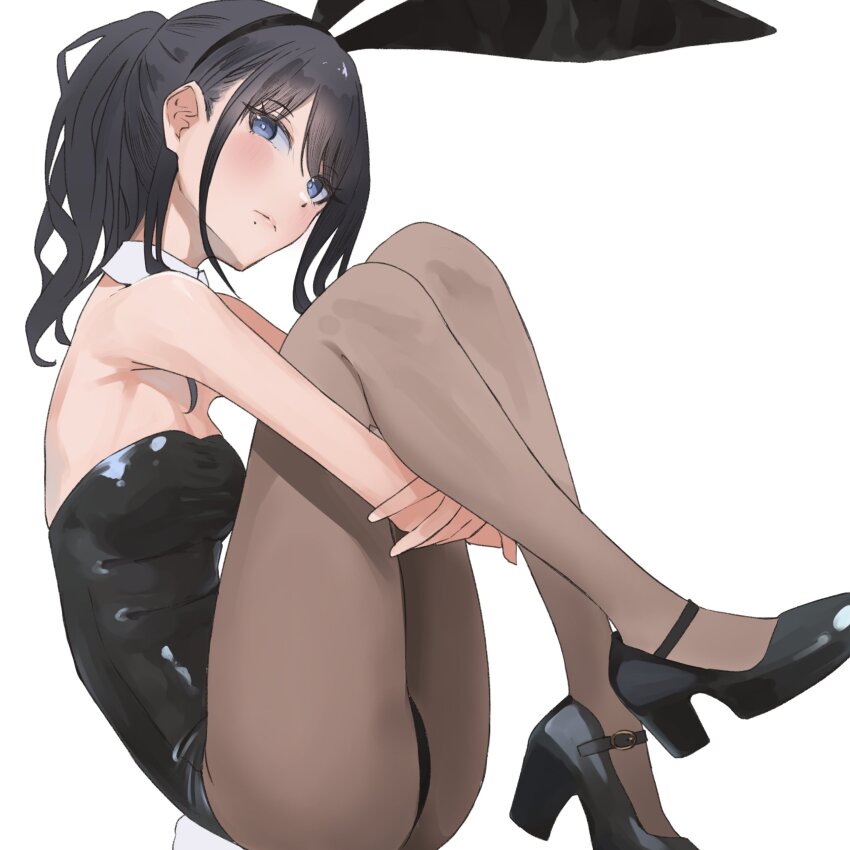 1girl absurdres animal_ears bare_shoulders black_hair black_leotard black_pantyhose blush breasts closed_mouth collarbone detached_collar fake_animal_ears high_heels highres idolmaster idolmaster_shiny_colors kazano_hiori leotard long_hair looking_at_viewer mole mole_under_mouth pantyhose playboy_bunny ponytail rabbit_ears simple_background solo strapless strapless_leotard umirororo white_background