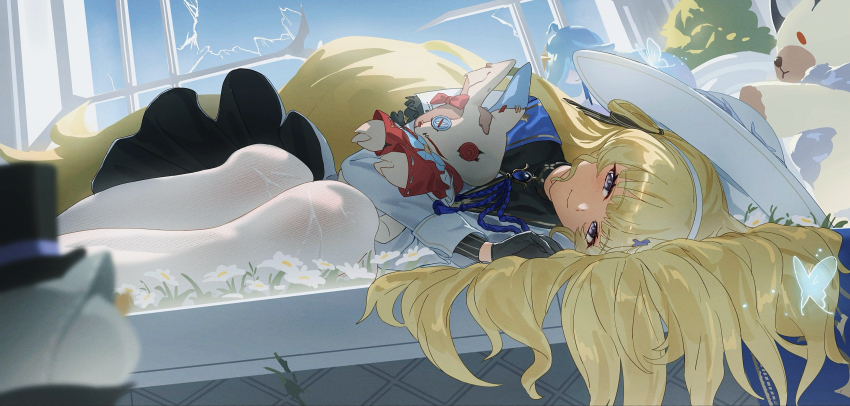1girl absurdres black_collar black_gloves blonde_hair blue_butterfly blue_sky broken_window bug butterfly closed_mouth collar commentary day gloves hair_flowing_over hair_spread_out hat highres insect long_hair long_sleeves looking_at_viewer lying nakmini nun on_side pantyhose phoebe_(wuthering_waves) purple_eyes sky smile solo tacet_discord_(wuthering_waves) very_long_hair white_hat white_pantyhose wuthering_waves