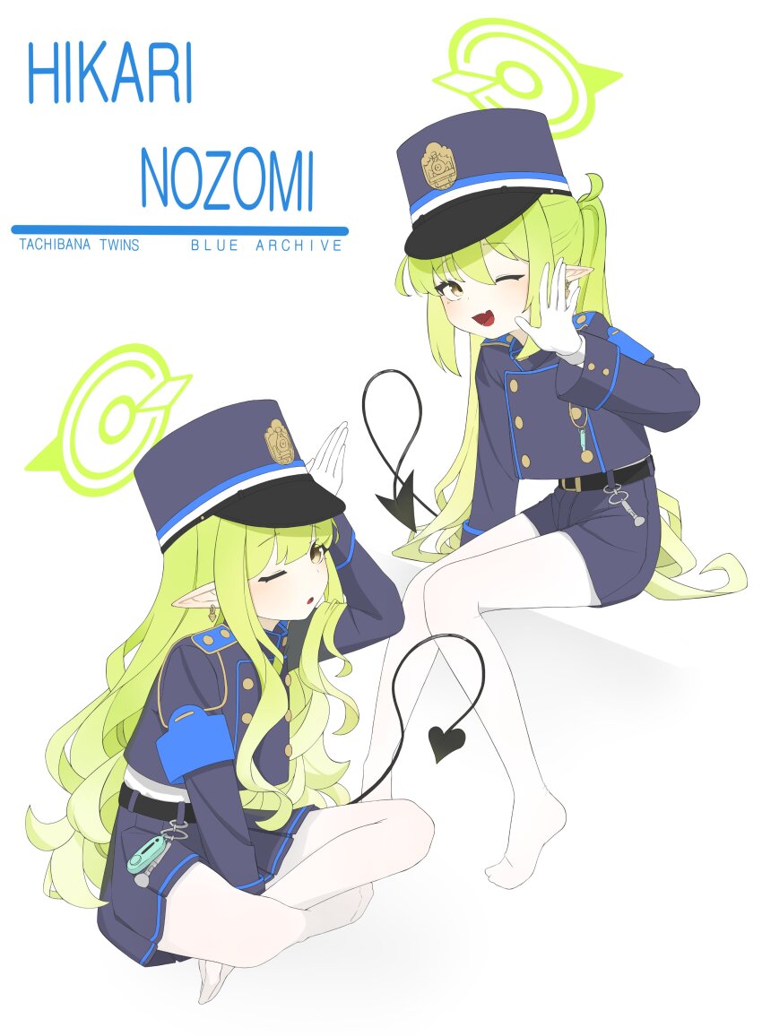 2girls ;d ;o absurdres astra_chichi black_hat black_jacket black_shorts black_skirt blue_archive buttons character_name commentary copyright_name demon_girl demon_tail double-breasted earrings fang full_body gloves green_hair green_halo hair_between_eyes halo hand_up happy hat highres hikari_(blue_archive) indian_style invisible_chair jacket jewelry long_hair long_sleeves looking_at_viewer miniskirt multiple_girls no_shoes nozomi_(blue_archive) one_eye_closed open_mouth pantyhose peaked_cap pleated_skirt pointy_ears shorts siblings sidelocks simple_background sisters sitting skin_fang skirt smile tail twins twintails very_long_hair waving wavy_hair white_background white_gloves white_pantyhose yellow_eyes