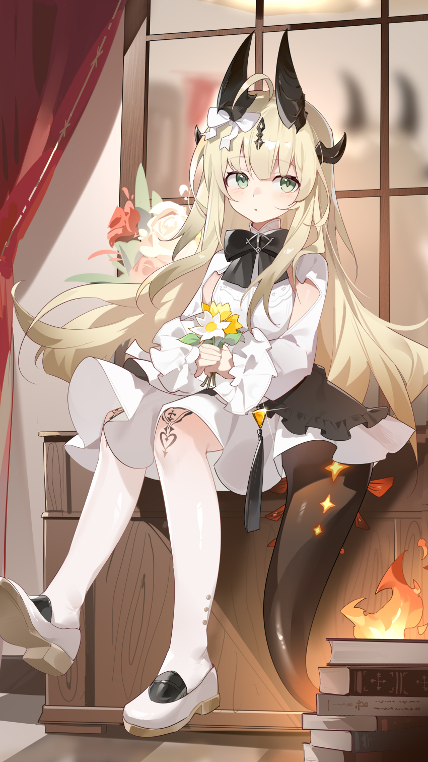 1girl :o absurdres aged_down arknights black_horns black_tail blonde_hair commentary commentary_request dress english_commentary fire flame-tipped_tail flower full_body green_eyes highres holding holding_flower horns indoors long_hair long_sleeves mixed-language_commentary pantyhose parted_lips reed_(arknights) shoes sitting solo tail teketi white_dress white_flower white_pantyhose white_shoes yellow_flower
