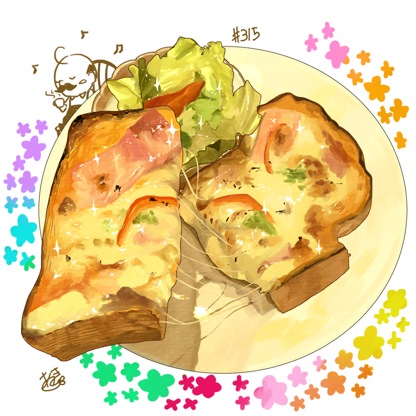 1boy absurdres bald bread bread_slice cheese facial_hair food food_focus ham highres musical_note mustache original plate salad takisou_sou toast vegetable
