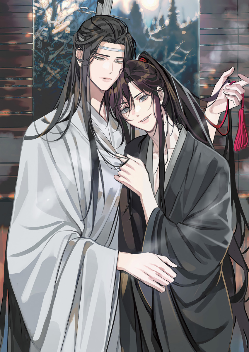 2boys bishounen black_hair black_hanfu chinese_clothes closed_mouth clothes_grab couple gearous grey_eyes hair_ornament hair_ribbon hanfu headband height_difference high_ponytail highres holding holding_another&#039;s_hair indoors lan_wangji long_hair long_sleeves looking_at_viewer male_focus modao_zushi multiple_boys non-web_source official_art parted_lips ponytail red_ribbon ribbon robe sidelocks smile standing tassel tassel_hair_ornament topknot very_long_hair wei_wuxian white_hanfu white_headband wide_sleeves window window_blinds xiao_guan_(headdress) yaoi yellow_eyes