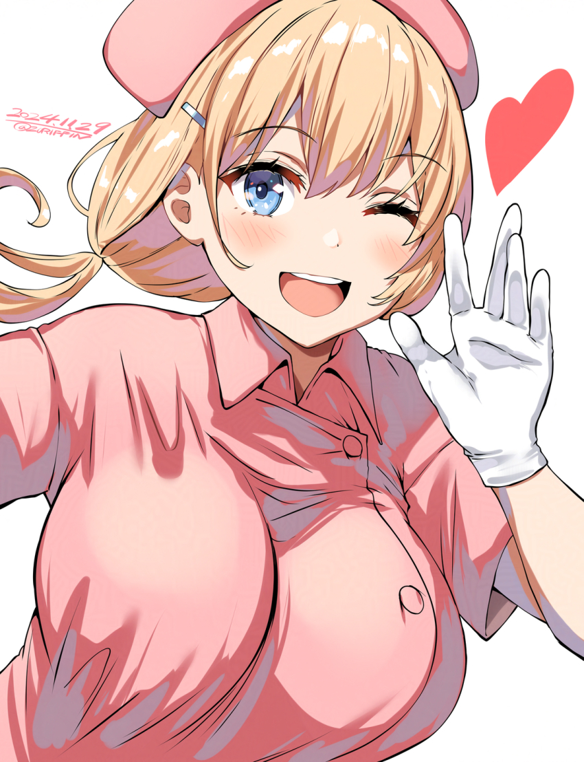 1girl ;d belko blonde_hair blue_eyes blush breasts collared_dress commentary_request dress gloves hat heart highres large_breasts low_twintails nurse_cap one_eye_closed open_mouth original pink_dress simple_background smile solo teeth tongue twintails upper_teeth_only waving white_background white_gloves