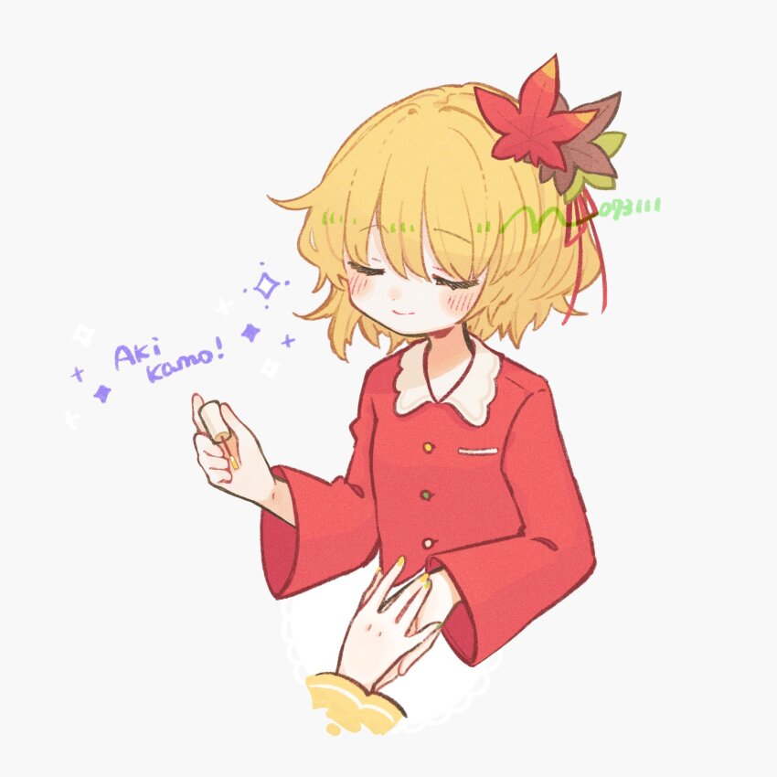 2girls aki_minoriko aki_shizuha applying_manicure artist_name blonde_hair closed_eyes closed_mouth collared_shirt commentary_request cropped_torso hair_ornament highres leaf_hair_ornament long_sleeves m_(m073111) multiple_girls nail_polish nail_polish_brush out_of_frame painting_nails red_shirt shirt short_hair siblings simple_background sisters smile touhou white_background