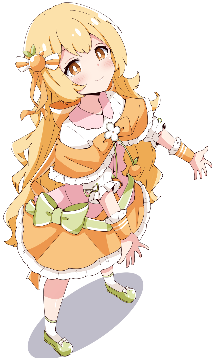 1girl absurdres aikawa_ryou blonde_hair blush brown_eyes capelet closed_mouth collared_shirt commission frilled_capelet frilled_skirt frills full_body green_shoes highres long_hair looking_at_viewer orange_capelet orange_shirt original pixiv_commission puffy_short_sleeves puffy_sleeves shirt shoes short_sleeves simple_background skirt smile socks solo standing very_long_hair white_background white_shirt white_socks wrist_cuffs