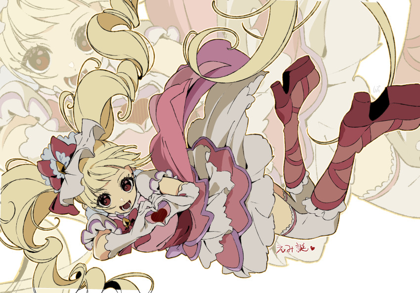 1girl absurdres aisaki_emiru blonde_hair blunt_bangs boots bow bowtie character_name collared_dress cure_macherie diamond_brooch dot_nose dress drill_hair falling floating_clothes floating_hair frilled_dress frilled_footwear frilled_headwear frilled_sleeves frills full_body fur_hat gloves happy hat hat_bow heart heart_hands high_heel_boots high_heels highres hugtto!_precure knee_boots lace lace-trimmed_thighhighs lace_trim long_hair looking_at_viewer lower_teeth_only magical_girl makeup mascara mini_hat open_mouth outline pink_dress precure puffy_short_sleeves puffy_sleeves pumps red_boots red_bow red_bowtie red_eyes shipu_(gassyumaron) short_dress short_sleeves signature smile solo tareme teeth thighhighs train_(clothing) twin_drills twintails very_long_hair white_background white_gloves white_hat white_sleeves white_thighhighs yellow_brooch zoom_layer