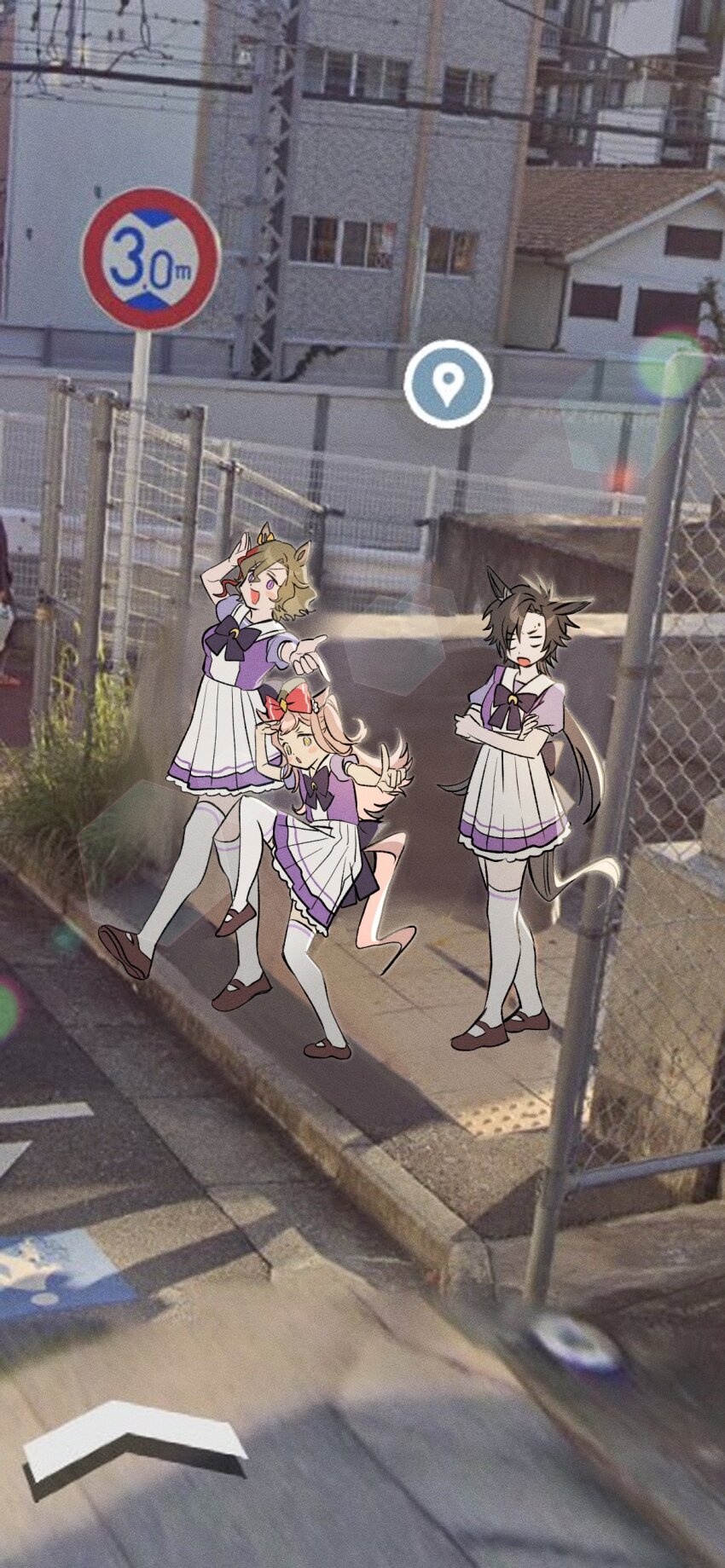 3girls absurdres agnes_digital_(umamusume) air_shakur_(umamusume) animal_ears black_hair blank_eyes bow bowtie breasts brown_hair brown_shoes crossed_arms hair_bow high_school_girls_posing_for_google_street_view_(meme) highres horse_ears horse_girl horse_tail index_finger_raised long_hair meme multiple_girls open_mouth photo_background pink_hair pointing pointing_at_viewer puffy_short_sleeves puffy_sleeves purple_shirt sailor_collar school_uniform shirt shoes short_hair short_sleeves skirt small_breasts standing standing_on_one_leg tail tap_dance_city_(umamusume) thighhighs tracen_school_uniform uma_ozisan umamusume walking white_skirt white_thighhighs