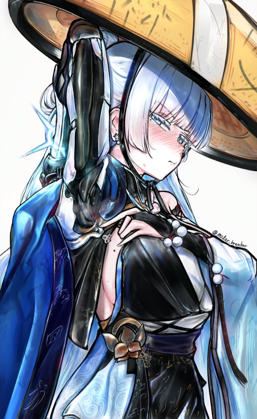 1girl arm_behind_head arm_up armpits bead_bracelet beads blue_haori blush bracelet breasts bridal_gauntlets colored_eyelashes embarrassed goddess_of_victory:_nikke grey_hair haori hat highres japanese_clothes jewelry jingasa large_breasts long_hair looking_at_viewer mechanical_arms molar_breaker mole mole_on_breast monk nayuta_(nikke) presenting_armpit print_haori sideboob single_mechanical_arm solo split-color_clothes thick_eyelashes unusually_open_eyes very_long_hair water_sleeves white_eyelashes white_hair