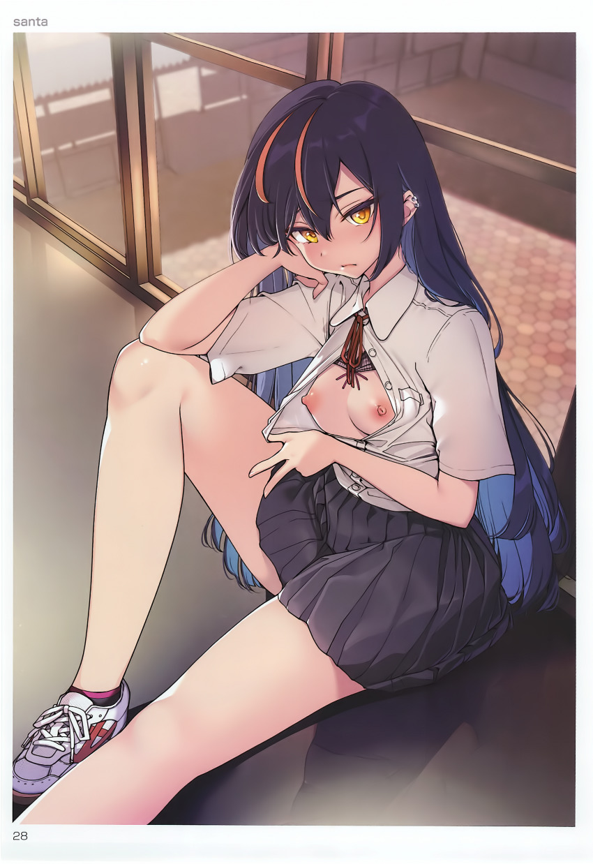 1girl absurdres artbook artist_name bare_legs black_hair blouse blush border bow bowtie breast_pocket breasts buttons closed_mouth clothes_pull collared_shirt dress_shirt ear_piercing earrings flashing grey_shirt hair_between_eyes highres indoors jewelry knee_up lips long_hair looking_at_viewer medium_breasts miniskirt multicolored_hair neck_ribbon no_bra orange_hair page_number piercing pleated_skirt pocket pulling_own_clothes red_hair red_ribbon reflection ribbon santa_(sunflower) scan school_uniform shiny_skin shirt shirt_pull shoes short_sleeves sitting skirt small_breasts smile sneakers solo streaked_hair toranoana two-tone_hair w white_border wing_collar yellow_eyes