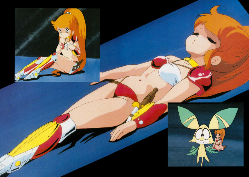 1980s_(style) aqua_eyes armored_boots bikini boots breasts caron_(rall) closed_eyes cream_lemon dagger grabbing_own_breast grin high_ponytail highres knife long_hair lying multiple_views navel non-web_source official_art oldschool on_back orange_hair ponytail retro_artstyle scan sf_choujigen_densetsu_rall sheath sheathed sitting smile swimsuit very_long_hair weapon