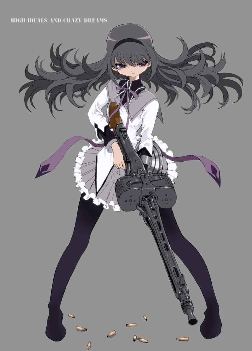 1girl akemi_homura akemi_homura_(magical_girl) black_hair black_hairband drum_magazine english_text full_body gun hairband highres holding holding_gun holding_weapon long_hair machine_gun magazine_(weapon) mahou_shoujo_madoka_magica mg42 purple_eyes shell_casing solo toshi_(little-fluffy-cloud) weapon