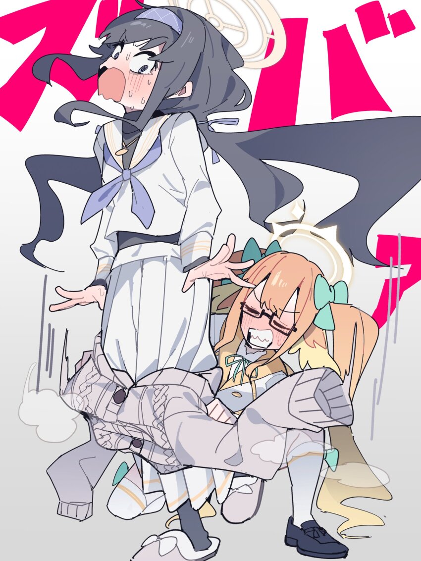 2girls black_hair blue_archive clenched_teeth embarrassed glasses gradient_hair grey_background halo highres koyansuee long_hair long_skirt low_twintails multicolored_hair multiple_girls orange_hair school_uniform serafuku shimiko_(blue_archive) simple_background skirt steaming_clothes teeth turtleneck twintails ui_(blue_archive) white_background