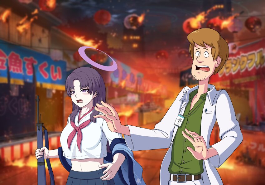 1boy 1girl absurdres arisaka art_shift blue_archive bolt_action commentary crossover english_commentary facial_hair fire gun halo highres holding holding_gun holding_weapon lab_coat lanyard long_hair long_sleeves market_stall nightingery official_alternate_costume outdoors parted_bangs purple_hair rifle schale_logo school_uniform scooby-doo sensei_(blue_archive) serafuku shaggy_rogers short_hair sidelocks stubble summer_festival surprised upper_body weapon wide_sleeves yukari_(blue_archive)