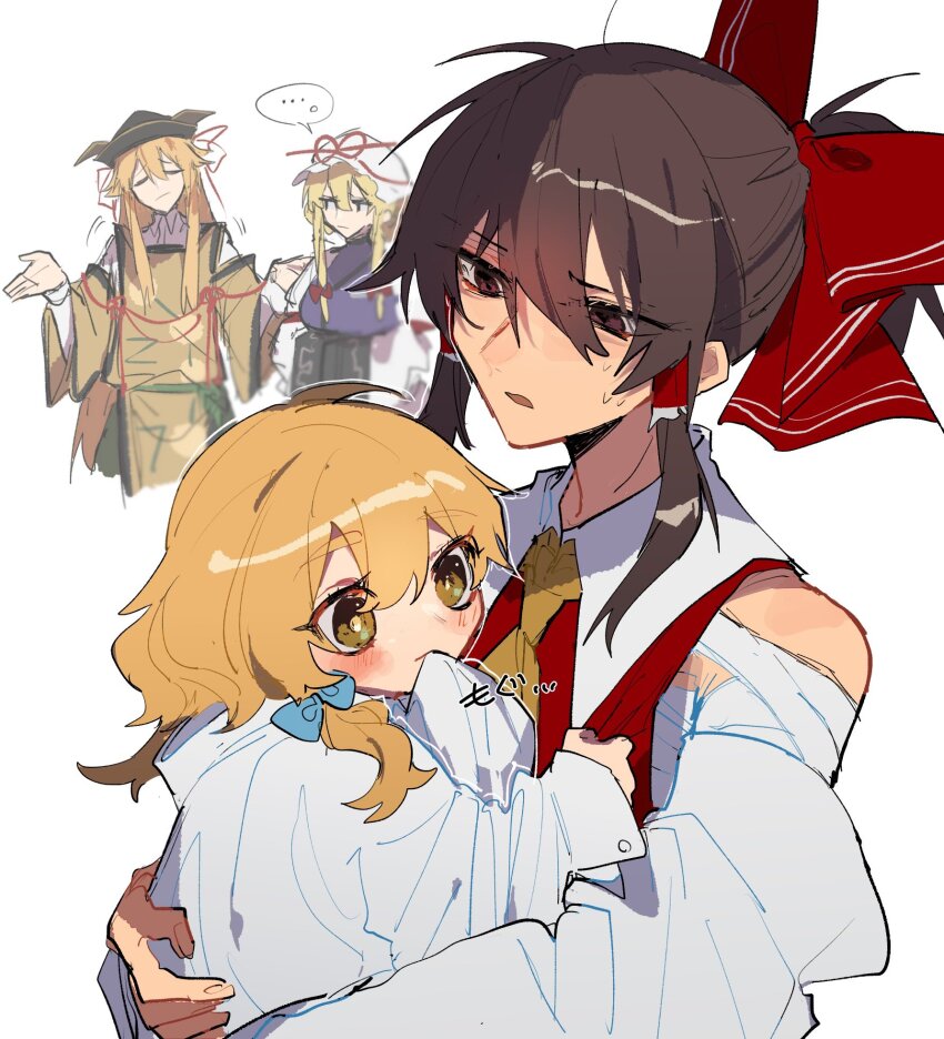 ... 4girls aged_down ahoge ascot baby bandaged_arm bandages bare_shoulders biting biting_clothes black_headwear blonde_hair blue_bow blush bow brown_eyes brown_hair buttons carrying_baby carrying_person chest_sarashi chinese_commentary closed_mouth collar collared_vest commentary_request detached_sleeves dress expressionless eyelashes frilled_hair_tubes frills frown fuuga_(perv_rsity) hair_bow hair_ribbon hair_tubes hakurei_reimu hat hat_ribbon high_collar highres kirisame_marisa layered_sleeves long_sleeves looking_at_another matara_okina mob_cap multiple_girls open_mouth oversized_clothes own_hands_together ponytail purple_tabard red_bow red_ribbon red_vest ribbon sarashi shirt short_hair short_ponytail shrugging sidelocks simple_background single_sidelock sleeves_past_fingers sleeves_past_wrists speech_bubble sun_print sweat tabard touhou vest vest_tug white_background white_collar white_dress white_headwear white_shirt white_sleeves wide_sleeves yakumo_yukari yellow_ascot yellow_eyes yellow_sleeves yellow_tabard