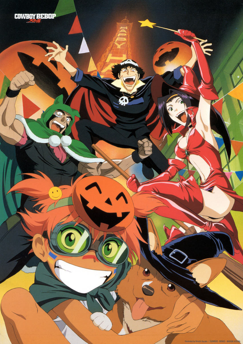1990s_(style) 2boys 2girls :d animal animal_hug arm_up armpits artist_name beard black_hair black_panties black_pants black_shirt blush_stickers boots breasts broom buckle building cape cleavage company_name copyright_name costume cowboy_bebop dog edward_wong_hau_pepelu_tivrusky_iv eiffel_tower ein_(cowboy_bebop) elbow_gloves facepaint facial_hair fangs faye_valentine from_below gloves green_eyes grin hairband halloween halloween_costume happy hat high_heel_boots high_heels highres hood jack-o&#039;-lantern jet_black jewelry jumping legs long_hair looking_at_viewer mask mask_on_head medium_breasts multiple_boys multiple_girls muscular navel neckerchief necklace night night_sky official_art open_mouth orange_hair ousaka_hiroshi outdoors outstretched_arms panties pants pendant pennant pom_pom_(clothes) purple_hair red_footwear red_gloves retro_artstyle scan scar scar_across_eye scar_on_face shirt short_hair short_twintails skull_necklace sky sleeveless smile smiley_face spike_spiegel spread_arms string_of_flags teeth thigh_boots thighhighs tongue tongue_out tower twintails underwear vampire_costume wand watermark welsh_corgi witch witch_hat wristband
