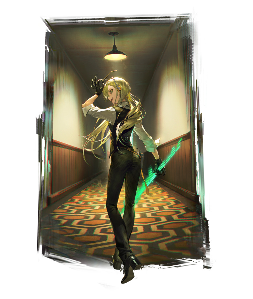 1girl aqua_eyes arm_up ass black-framed_eyewear black_footwear black_gloves blonde_hair border collared_shirt digital_media_player dress_shirt echoes_of_vision floating_hair from_behind glasses gloves graphic_equalizer grey_pants grey_vest hallway hand_up hanging_light headphones highres holding holding_removed_eyewear holding_weapon indoors long_hair looking_at_viewer looking_back official_art oxfords pants plaid_clothes plaid_vest profile quuni rebecca_(echoes_of_vision) shirt sleeves_pushed_up solo tile_floor tiles transparent_border turning_head unworn_eyewear vest waistcoat walking weapon white_shirt