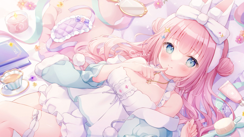 1girl animal_ears ayase_ririco bed_sheet blue_eyes blush book bow breasts candle cleavage collarbone commentary_request cup double_bun dress finger_to_mouth flower frilled_dress frilled_pajamas frills hair_brush hair_bun hair_ornament hand_mirror highres indie_virtual_youtuber jewelry long_hair looking_at_viewer lying medium_breasts mirror necklace off_shoulder omochi_monaka on_back on_bed pajamas pink_hair rabbit_ears shorts sleep_mask smile solo tea teacup thigh_strap twintails virtual_youtuber white_bow white_dress white_shorts