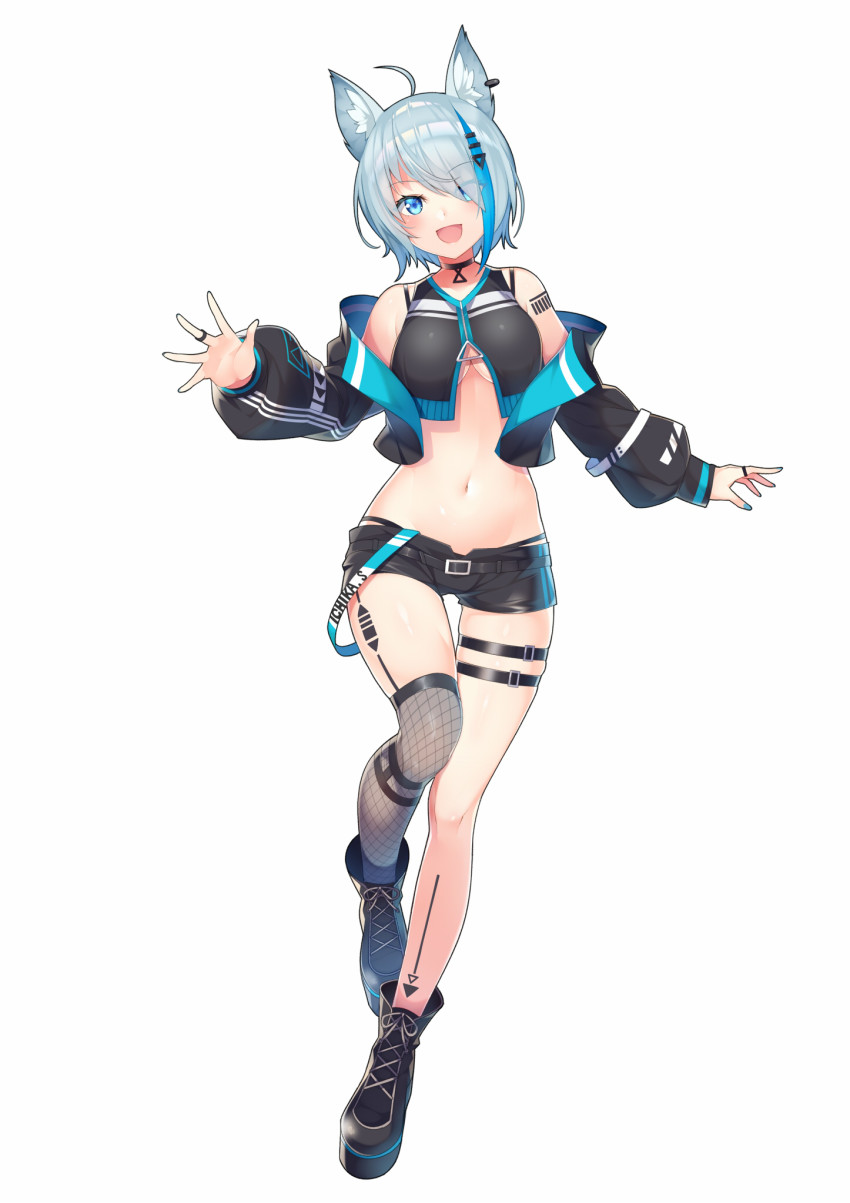 1girl :d ahoge animal_ear_fluff animal_ears animare bare_legs bare_shoulders black_shirt black_shorts blue_eyes blue_hair boots breasts choker crop_top cropped_jacket dog_ears eyes_visible_through_hair female_focus full_body hair_ornament hair_over_one_eye hairclip highleg highres jacket jewelry kokka_han large_breasts leg_belt long_sleeves looking_at_viewer midriff multicolored_hair nail_polish nanashi_inc. navel off_shoulder open_clothes open_jacket open_mouth puffy_sleeves ring shirt short_hair short_shorts shorts silver_hair simple_background single_thighhigh sleeveless sleeveless_shirt smile solo souya_ichika souya_ichika_(4th_costume) stomach streaked_hair thighhighs underboob virtual_youtuber white_background