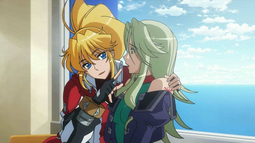 10s 2girls bare_shoulders black_gloves blonde_hair blue_eyes blue_jacket bracer cloud collar excellen_browning eye_contact female_focus fingerless_gloves friends gloves green_eyes green_hair hair_between_eyes hug indoors jacket lamia_loveless lips long_hair looking_at_another looking_to_the_side multiple_girls open_mouth pointing ponytail red_collar red_jacket screencap seductive_smile shy sky smile super_robot_wars super_robot_wars_og_the_inspector super_robot_wars_original_generation super_robot_wars_original_generation_2 tattoo upper_body window yuri