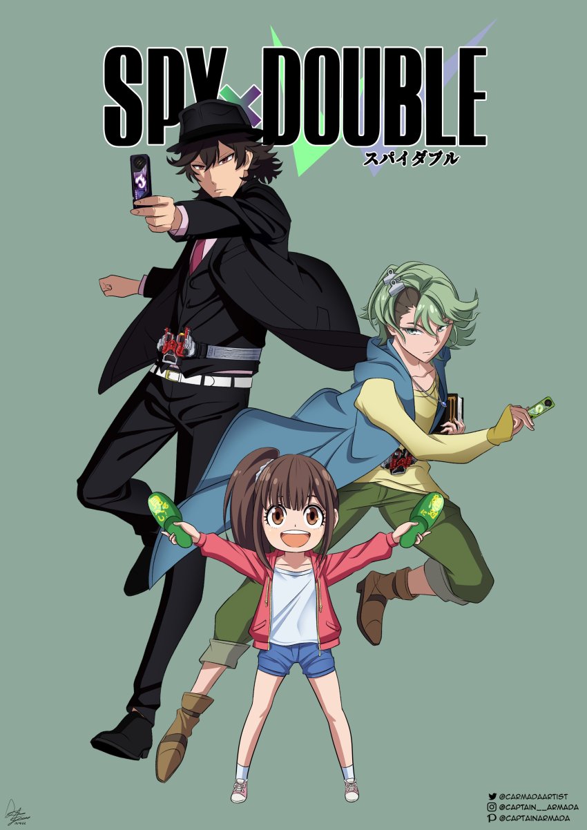 1girl 2boys absurdres aged_down ankle_boots artist_name belt black_footwear black_headwear black_jacket black_pants black_vest blazer blue_coat boots brown_footwear brown_hair captainarmada character_request coat crossover denim denim_shorts deviantart_username double_driver dual_wielding english_text formal_clothes gaia_memory green_background green_hair green_pants hat hidari_shoutarou highres holding hood hoodie instagram_username jacket kamen_rider kamen_rider_w long_sleeves multiple_boys narumi_akiko necktie open_clothes open_jacket pants philip_(kamen_rider) pixiv_username red_jacket shirt shoes shorts side_ponytail sneakers spy_x_family twitter_username vest white_belt yellow_shirt