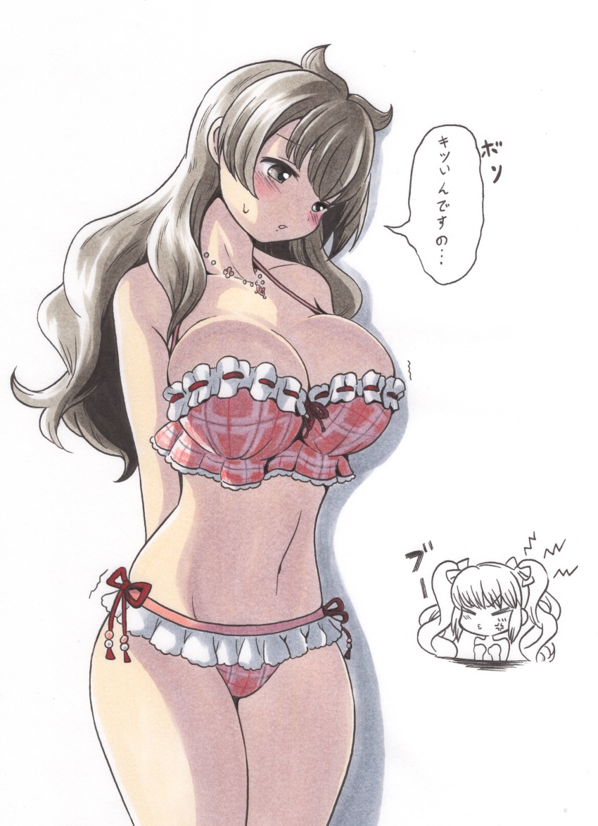 2girls absurdres ajikeneko anger_vein bra breasts brown_eyes brown_hair closed_eyes frilled_bra frilled_panties frills grey_hair highres jewelry long_hair magia_record:_mahou_shoujo_madoka_magica_gaiden mahou_shoujo_madoka_magica multiple_girls necklace panties plaid_bra plaid_clothes plaid_panties ribbon satomi_nayuta satomi_touka traditional_media twintails underwear underwear_only