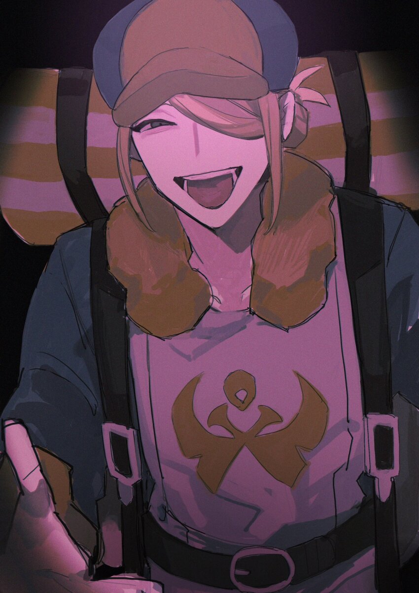 1boy backpack bag black_background blonde_hair edamameko210 ginkgo_guild_uniform hair_over_one_eye hat highres long_sleeves looking_at_viewer male_focus nintendo open_hand open_mouth pokemon pokemon_legends:_arceus reaching reaching_towards_viewer simple_background solo upper_body volo_(pokemon)