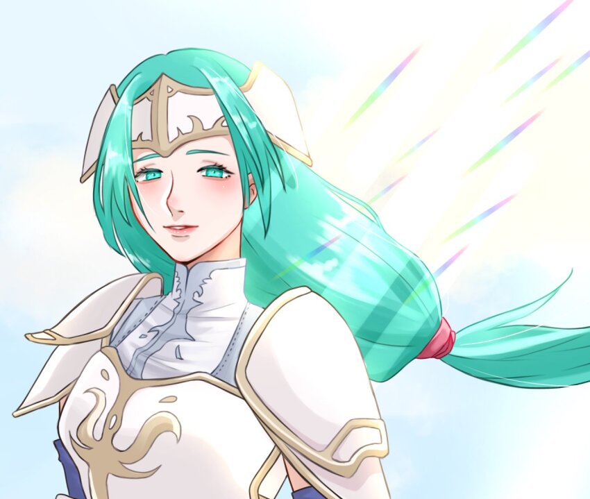1girl aqua_eyes aqua_hair armor fire_emblem fire_emblem:_radiant_dawn headband k_25_30 long_hair nintendo sigrun_(fire_emblem) white_armor