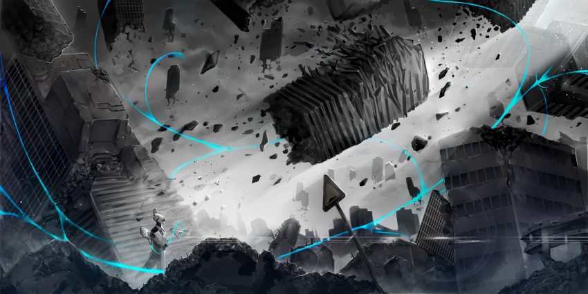 1other absurdres broken building cloud cloudy_sky coat colored_skin destruction disembodied_hand grey_sky highres lobotomy_corporation lubban mannequin project_moon road_sign rubble scenery sign sky the_silent_orchestra white_coat white_skin wide_shot