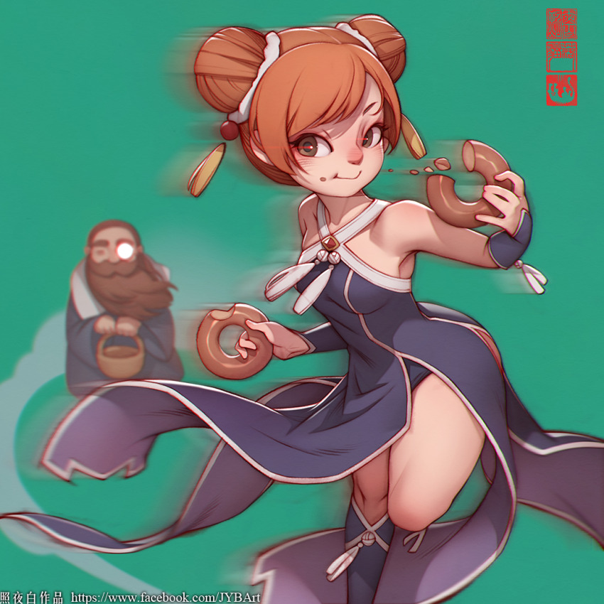 1boy 1girl artist_name basket beard breasts brown_eyes brown_hair denken_(sousou_no_frieren) double_bun donut dual_wielding facial_hair food green_background hair_bun holding laufen_(sousou_no_frieren) monocle mustache old old_man robe small_breasts smile sousou_no_frieren thick_eyebrows watermark web_address zhaoyebai