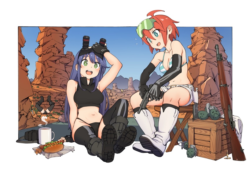 3girls ahoge arm_up bad_id bad_pixiv_id bare_shoulders belt black_footwear black_gloves black_hair black_socks blue_eyes boots bra breasts cleavage collarbone crate cup elbow_gloves explosive fingerless_gloves gloves goggles green_eyes grenade gun hair_between_eyes hand_grenade handgun highres holding holster hot_dog kneehighs knife kr_ohoshisama long_hair magazine_(weapon) mug multiple_girls muzzle_(trigger) navel night-vision_device pistol red_hair rifle rifle_cartridge short_hair shorts sidelocks sitting sky sleeveless socks steam stool striped_bra striped_clothes sweat thighhighs trigger-chan underwear weapon white_footwear