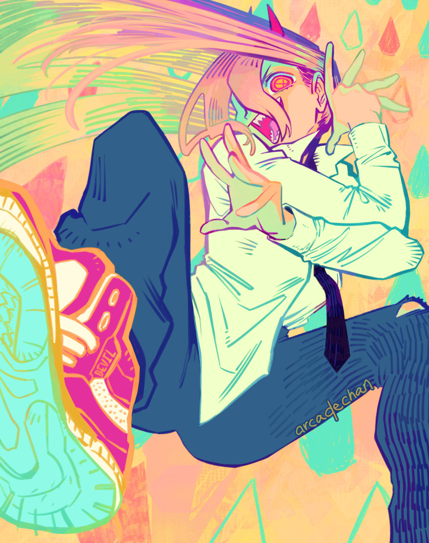 1girl alt_text arcadechan artist_name black_necktie chainsaw_man commentary crossed_arms english_commentary highres horns long_hair long_sleeves necktie open_mouth pants power_(chainsaw_man) red_eyes red_horns sharp_teeth shirt shoes sneakers symbol-shaped_pupils teeth torn_clothes torn_pants white_shirt yellow_background