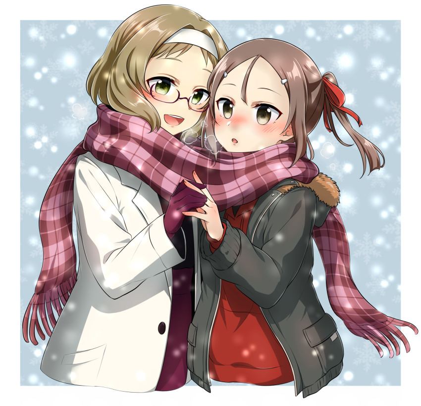 2girls :d akihara_sekka blush brown_eyes brown_hair coat eda_udon full-face_blush fur-trimmed_hood fur_trim glasses gloves green_eyes grey_jacket hair_ornament hair_ribbon hairband hairclip highres hood hood_down hooded_jacket jacket miyoshi_karin multiple_girls open_clothes open_jacket open_mouth plaid_clothes plaid_scarf purple_gloves purple_scarf red_ribbon red_sweater ribbon scarf shared_clothes shared_scarf smile snowing sweater twintails upper_body white_coat white_hairband winter yuuki_yuuna_wa_yuusha_de_aru yuusha_de_aru