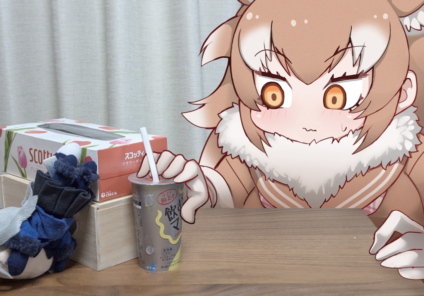 2girls animal_ears blush brown_hair drinking_straw fumo_(doll) fur_collar japanese_wolf_(kemono_friends) kemono_friends kemono_friends_3 long_hair long_sleeves mayonnaise multicolored_hair multiple_girls neckerchief photo_(medium) plaid_clothes plaid_neckerchief silver_fox_(kemono_friends) sweatdrop tail tanaka_kusao two-tone_hair white_hair wolf_ears wolf_girl wolf_tail