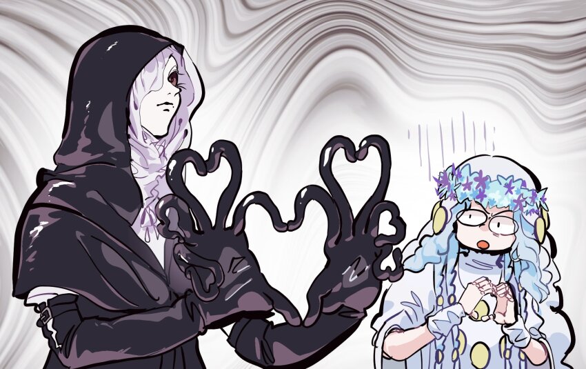 1280x720 2girls black_gloves black_hood capelet doll_joints elden_ring elden_ring_nightreign flower_wreath gloves hashtag-only_commentary head_wreath heart heart_hands highres joints multiple_girls red_eyes revenant_(elden_ring) simple_background surprised undertaker_(elden_ring) upper_body veil white_coif white_veil
